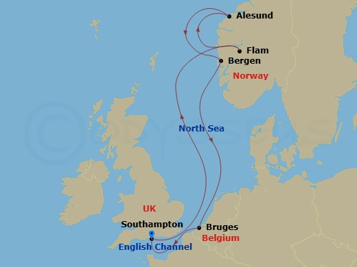Route map: Southampton, England → Flam, Norway → Alesund, Norway → Bergen, Norway → Bruges,(Zeebrugge),Belgium → Southampton, England