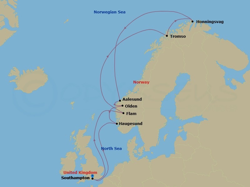 Route map: Southampton, England → Flam, Norway → Tromso, Norway → Honningsvag, Norway → Alesund, Norway → Olden, Norway → Haugesund, Norway → Southampton, England