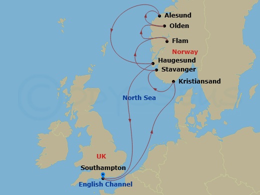 Route map: Southampton, England → Kristiansand, Norway → Stavanger, Norway → Flam, Norway → Olden, Norway → Alesund, Norway → Haugesund, Norway → Southampton, England