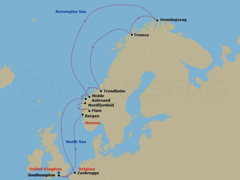 Route map: Southampton, England → Bruges,(Zeebrugge),Belgium → Alesund, Norway → Trondheim, Norway → Tromso, Norway → Honningsvag, Norway → Molde, Norway → Nordfjordeid, Norway → Flam, Norway → Bergen, Norway