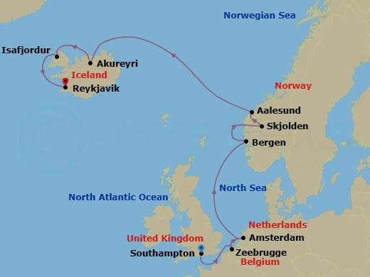 Route map: London (Southampton), England, Great Britain → Zeebrugge  Brussels Brugge, Belgium → Amsterdam, Netherlands → Bergen, Norway → Skjolden, Norway → Alesund, Norway → Akureyri, Iceland → Isafjordur, Iceland → Reykjavik, Iceland