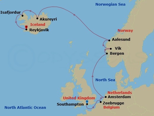 Route map: London (Southampton), England, Great Britain → Zeebrugge  Brussels Brugge, Belgium → Amsterdam, Netherlands → Bergen, Norway → Vik, Norway → Alesund, Norway → Akureyri, Iceland → Isafjordur, Iceland → Reykjavik, Iceland