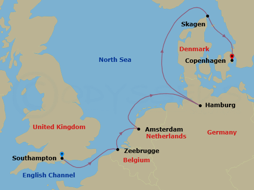 Route map: Southampton (for London), England → Zeebrugge (for Brussels/Bruges), Belgium → Amsterdam, Netherlands → Hamburg, Germany (for Berlin) → Skagen, Denmark → Copenhagen, Denmark