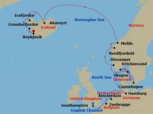 Route map: Southampton (for London), England → Zeebrugge (for Brussels/Bruges), Belgium → Amsterdam, Netherlands → Hamburg, Germany (for Berlin) → Skagen, Denmark → Copenhagen, Denmark → Kristiansand, Norway → Skagen, Denmark → Stavanger, Norway → Nordfjordeid, Norway