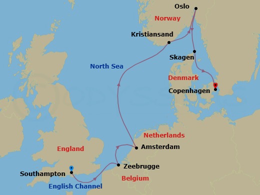 Route map: Southampton (for London), England → Zeebrugge (for Brussels/Bruges), Belgium → Amsterdam, Netherlands → Kristiansand, Norway → Oslo, Norway → Skagen, Denmark → Copenhagen, Denmark