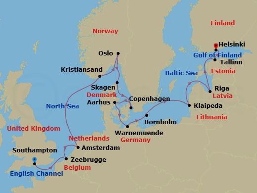 Route map: Southampton (for London), England → Zeebrugge (for Brussels/Bruges), Belgium → Amsterdam, Netherlands → Kristiansand, Norway → Oslo, Norway → Skagen, Denmark → Copenhagen, Denmark → Aarhus, Denmark → Warnemunde (for Berlin), Germany → Bornholm, Denmark