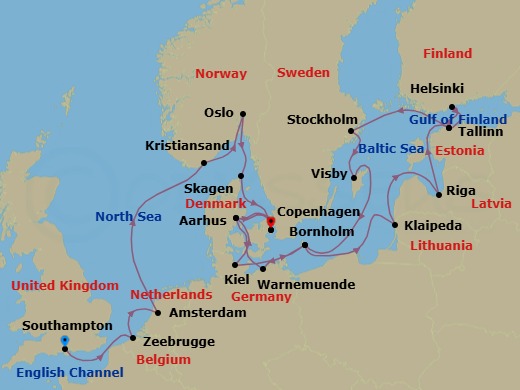 Route map: Southampton (for London), England → Zeebrugge (for Brussels/Bruges), Belgium → Amsterdam, Netherlands → Kristiansand, Norway → Oslo, Norway → Skagen, Denmark → Copenhagen, Denmark → Aarhus, Denmark → Warnemunde (for Berlin), Germany → Bornholm, Denmark