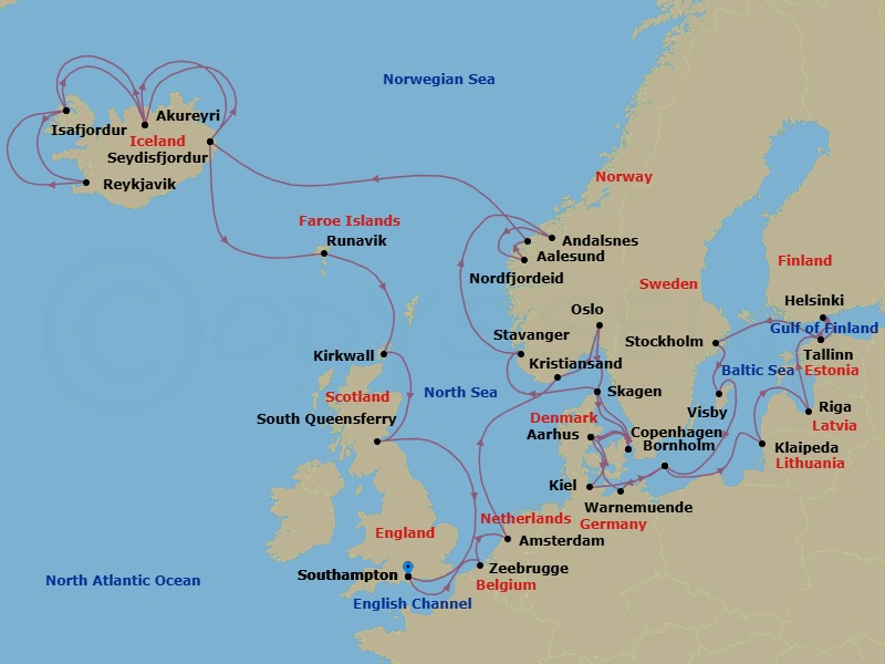 Route map: Southampton (for London), England → Zeebrugge (for Brussels/Bruges), Belgium → Amsterdam, Netherlands → Kristiansand, Norway → Oslo, Norway → Skagen, Denmark → Copenhagen, Denmark → Aarhus, Denmark → Warnemunde (for Berlin), Germany → Bornholm, Denmark