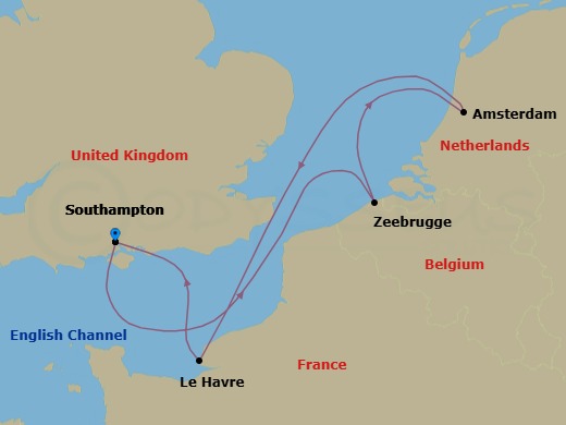 Route map: Southampton, England, UK → Zeebrugge (tours to Bruges), Belgium → Amsterdam, Netherlands → Le Havre, France → Southampton, England, UK