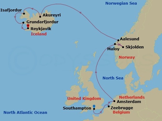 Route map: London (Southampton), England, Great Britain → Zeebrugge  Brussels Brugge, Belgium → Amsterdam, Netherlands → Maloy, Norway → Skjolden, Norway → Alesund, Norway → Akureyri, Iceland → Isafjordur, Iceland → Grundarfjordur, Iceland → Reykjavik, Iceland