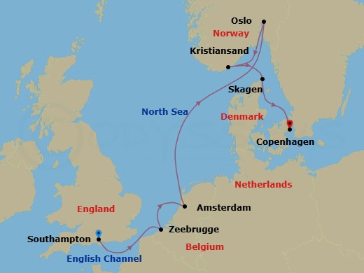 Route map: Southampton (for London), England → Zeebrugge (for Brussels/Bruges), Belgium → Amsterdam, Netherlands → Oslo, Norway → Kristiansand, Norway → Skagen, Denmark → Copenhagen, Denmark