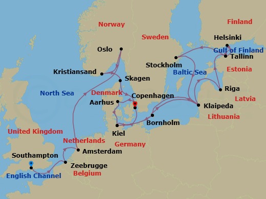 Route map: Southampton (for London), England → Zeebrugge (for Brussels/Bruges), Belgium → Amsterdam, Netherlands → Oslo, Norway → Kristiansand, Norway → Skagen, Denmark → Copenhagen, Denmark → Aarhus, Denmark → Kiel (Hamburg), Germany → Bornholm, Denmark
