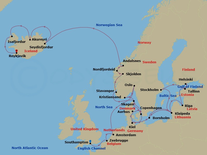 Route map: Southampton (for London), England → Zeebrugge (for Brussels/Bruges), Belgium → Amsterdam, Netherlands → Oslo, Norway → Kristiansand, Norway → Skagen, Denmark → Copenhagen, Denmark → Aarhus, Denmark → Kiel (Hamburg), Germany → Bornholm, Denmark