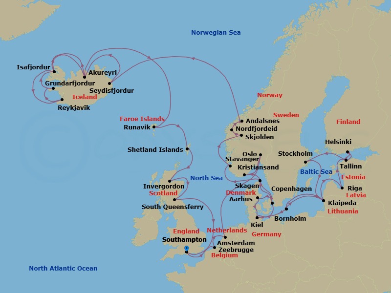 Route map: Southampton (for London), England → Zeebrugge (for Brussels/Bruges), Belgium → Amsterdam, Netherlands → Oslo, Norway → Kristiansand, Norway → Skagen, Denmark → Copenhagen, Denmark → Aarhus, Denmark → Kiel (Hamburg), Germany → Bornholm, Denmark