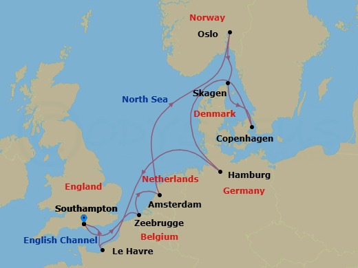 Route map: Southampton (for London), England → Zeebrugge (for Brussels/Bruges), Belgium → Amsterdam, Netherlands → Oslo, Norway → Skagen, Denmark → Copenhagen, Denmark → Hamburg, Germany (for Berlin) → Le Havre (for Paris/Normandy), France → Southampton (for London), England