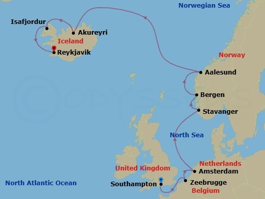 Route map: London (Southampton), England, Great Britain → Zeebrugge  Brussels Brugge, Belgium → Amsterdam, Netherlands → Stavanger, Norway → Bergen, Norway → Alesund, Norway → Akureyri, Iceland → Isafjordur, Iceland → Reykjavik, Iceland