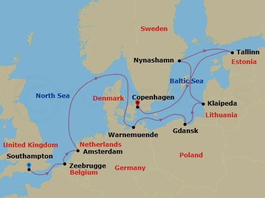 Route map: London (Southampton), England, Great Britain → Zeebrugge  Brussels Brugge, Belgium → Amsterdam, Netherlands → Warnemunde  Berlin, Germany → Gdynia  Gdansk, Poland → Klaipeda, Lithuania → Nynashamn  Stockholm, Sweden → Tallinn, Estonia → Copenhagen, Denmark