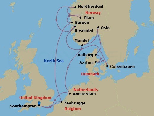 Route map: Southampton → Zeebrugge → Bergen → Flam → Nordfjordeid → Rosendal → Copenhagen → Aarhus → Seydisfjodur → Oslo