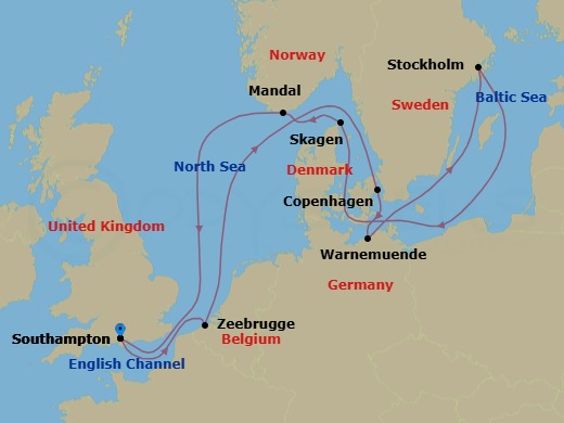 Route map: London (Southampton) → Bruges (Zeebrugge) → Copenhagen → Berlin (Warnemunde) → Stockholm → Skagen → Mandal → London (Southampton)