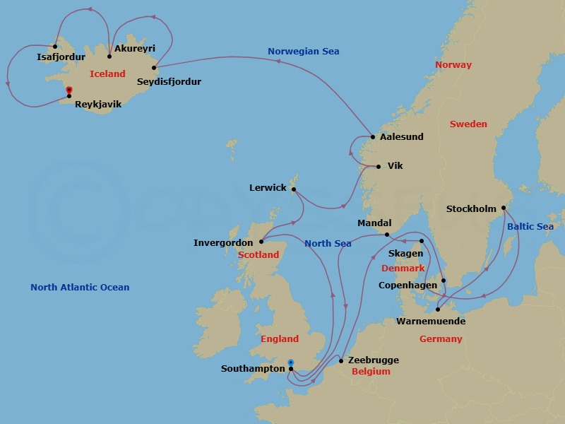 Route map: London (Southampton) → Bruges (Zeebrugge) → Copenhagen → Berlin (Warnemunde) → Stockholm → Skagen → Mandal → London (Southampton) → Invergordon → Lerwick (Shetland Islands)