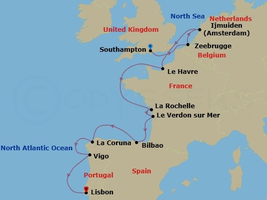Route map: London (Southampton), England, Great Britain → Zeebrugge  Brussels Brugge, Belgium → Amsterdam  Ijmuiden, Netherlands → Le Havre  Paris, France → La Rochelle, France → Le Verdon  Bordeaux, France → Bilbao, Spain → La Coruna, Spain → Vigo, Spain → Lisbon, Portugal