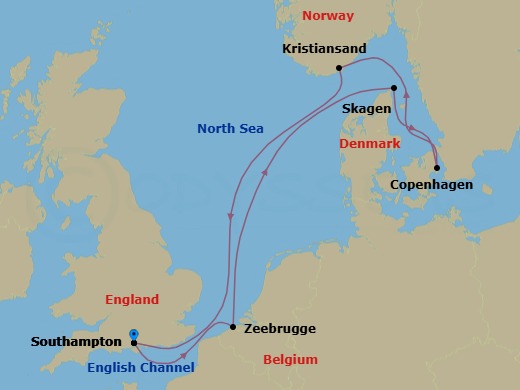 Route map: Southampton (for London), England → Zeebrugge (for Brussels/Bruges), Belgium → Skagen, Denmark → Copenhagen, Denmark → Kristiansand, Norway → Southampton (for London), England
