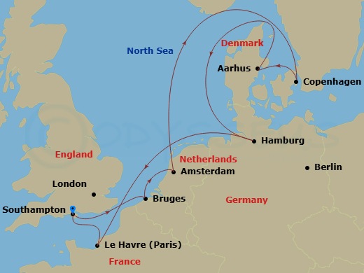 Route map: Southampton (for London), England → Zeebrugge (for Brussels/Bruges), Belgium → Amsterdam, Netherlands → Copenhagen, Denmark → Aarhus, Denmark → Hamburg, Germany (for Berlin) → Le Havre (for Paris/Normandy), France → Southampton (for London), England