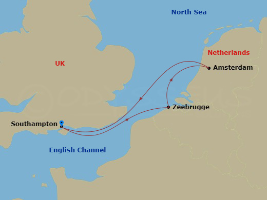 Route map: Southampton, England, UK → Zeebrugge (tours to Bruges), Belgium → Amsterdam, Netherlands → Southampton, England, UK