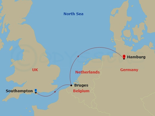 Route map: Southampton, England, UK → Zeebrugge (tours to Bruges), Belgium → Hamburg, Germany