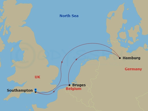 Route map: Southampton, England, UK → Zeebrugge (tours to Bruges), Belgium → Hamburg, Germany → Southampton, England, UK