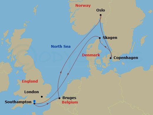 Route map: Southampton (for London), England → Zeebrugge (for Brussels/Bruges), Belgium → Oslo, Norway → Copenhagen, Denmark → Skagen, Denmark → Southampton (for London), England