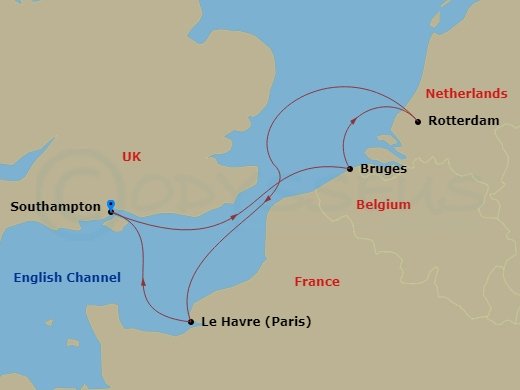 Route map: Southampton, England, UK → Zeebrugge (tours to Bruges), Belgium → Rotterdam, Netherlands → Le Havre, France → Southampton, England, UK