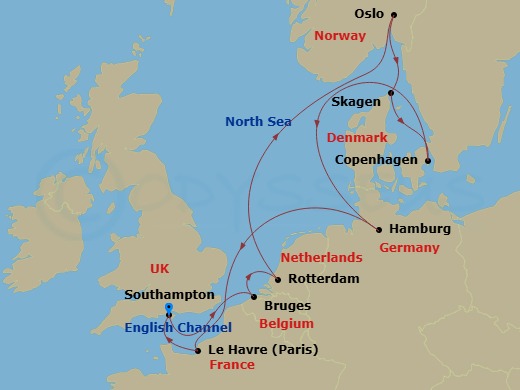 Route map: Southampton (for London), England → Zeebrugge (for Brussels/Bruges), Belgium → Rotterdam, The Netherlands → Oslo, Norway → Skagen, Denmark → Copenhagen, Denmark → Hamburg, Germany (for Berlin) → Le Havre (for Paris/Normandy), France → Southampton (for London), England