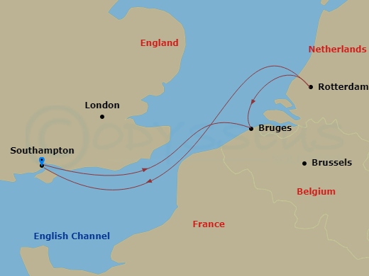 Route map: Southampton, England, UK → Zeebrugge (tours to Bruges), Belgium → Rotterdam, Netherlands → Southampton, England, UK