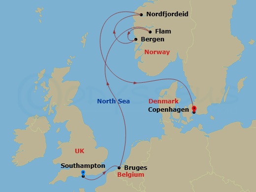 Route map: Southampton → Bruges (Zeebrugge) → Flam → Bergen → Nordfjordeid → Copenhagen