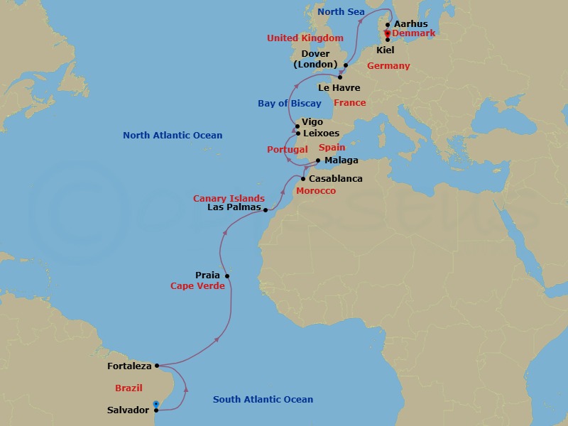 Route map: SALVADOR BAHIA → FORTALEZA → PRAIA → Las Palmas (Gran Canaria) → Casablanca → Malaga → Leixes (Porto) → Vigo → Le Havre → Dover (London)