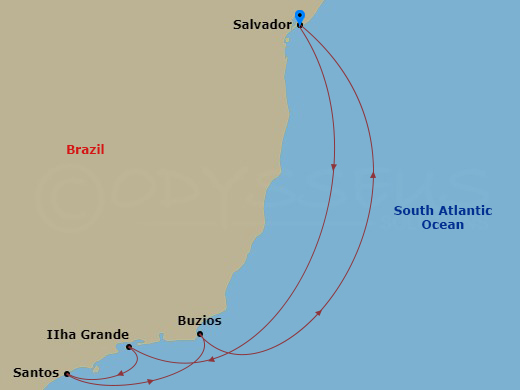 Route map: Salvador Brazil → Ilha Grande Brazil → Santos (Sao Paulo) Brazil → Buzios Brazil → Salvador Brazil