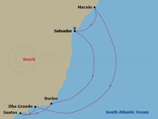 Route map: Salvador → Maceio → Copacabana (Rio de Jainero) Brazil → Santos → Buzios → Salvador