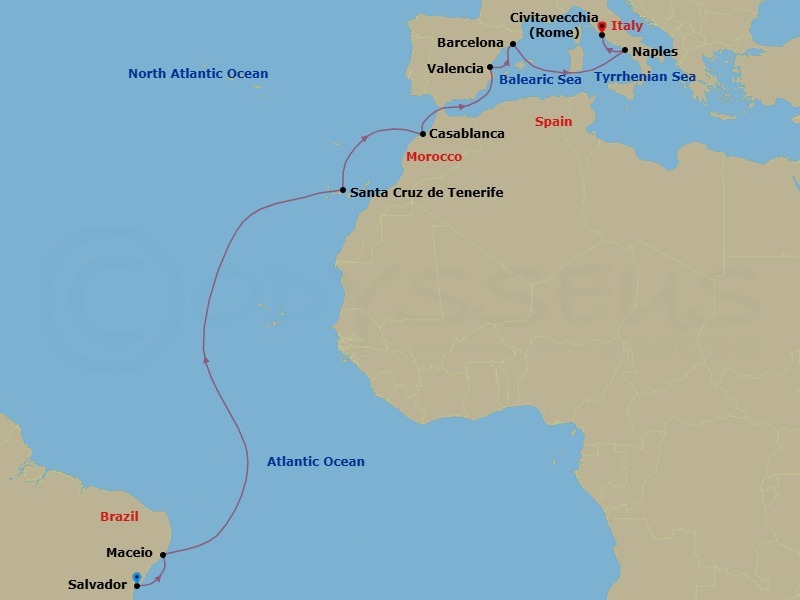 Route map: Salvador → Maceio → Santa Cruz de Tenerife → Casablanca → Valencia → Barcelona → Naples → Rome (Civitavecchia)