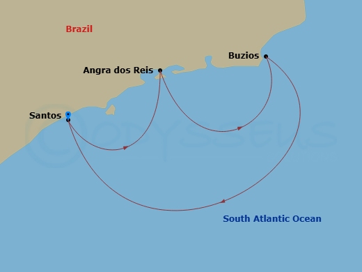 Route map: Santos (Sao Paulo) Brazil → Angra dos Reis Brazil → Buzios Brazil → Santos (Sao Paulo) Brazil