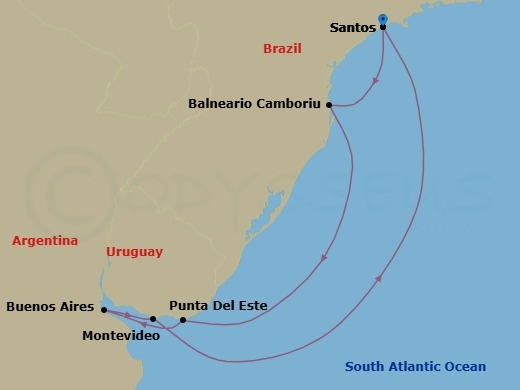 Route map: Santos → Balneario Camboriu → Punta Del Este → Buenos Aires → Montevideo → Santos