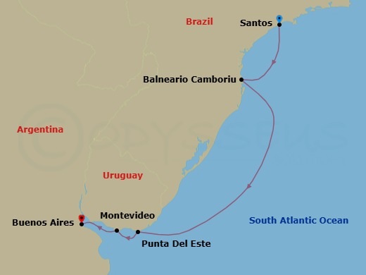 Route map: Santos (Sao Paulo) Brazil → Camboriu Brazil → Punta Del Este Uruguay → Montevideo Uruguay → Buenos Aires Argentina