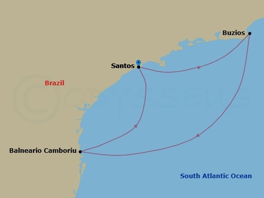 Route map: Santos → Buzios → Balneario Camboriu → Santos