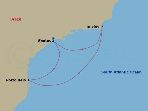 Route map: Santos → Buzios → Porto Belo → Santos