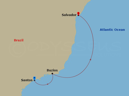 Route map: Santos (Sao Paulo) Brazil → Buzios Brazil → Salvador Brazil