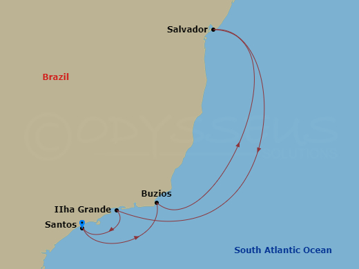 Route map: Santos (Sao Paulo) Brazil → Buzios Brazil → Salvador Brazil → Ilha Grande Brazil → Santos (Sao Paulo) Brazil