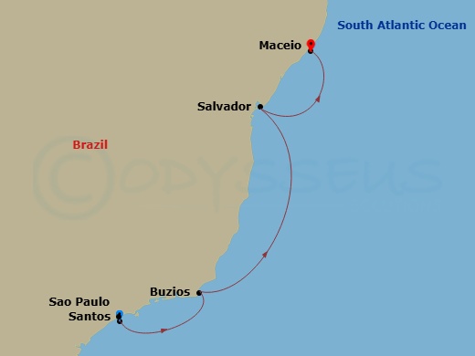 Route map: Santos (Sao Paulo) Brazil → Buzios Brazil → Salvador Brazil → Maceio Brazil