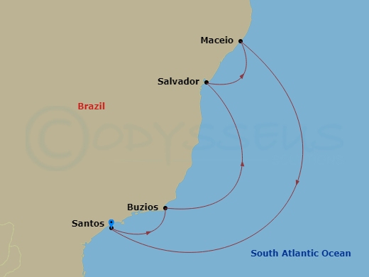 Route map: Santos (Sao Paulo) Brazil → Buzios Brazil → Salvador Brazil → Maceio Brazil → Santos (Sao Paulo) Brazil