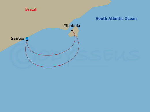 Route map: Santos (Sao Paulo) Brazil → Ilhabela Brazil → Santos (Sao Paulo) Brazil