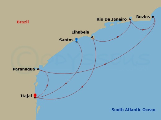Route map: Santos (Sao Paulo) Brazil → Itajai Brazil → Ilhabela Brazil → Rio de Janeiro Brazil → Buzios Brazil → Paranagua Brazil → Itajai Brazil